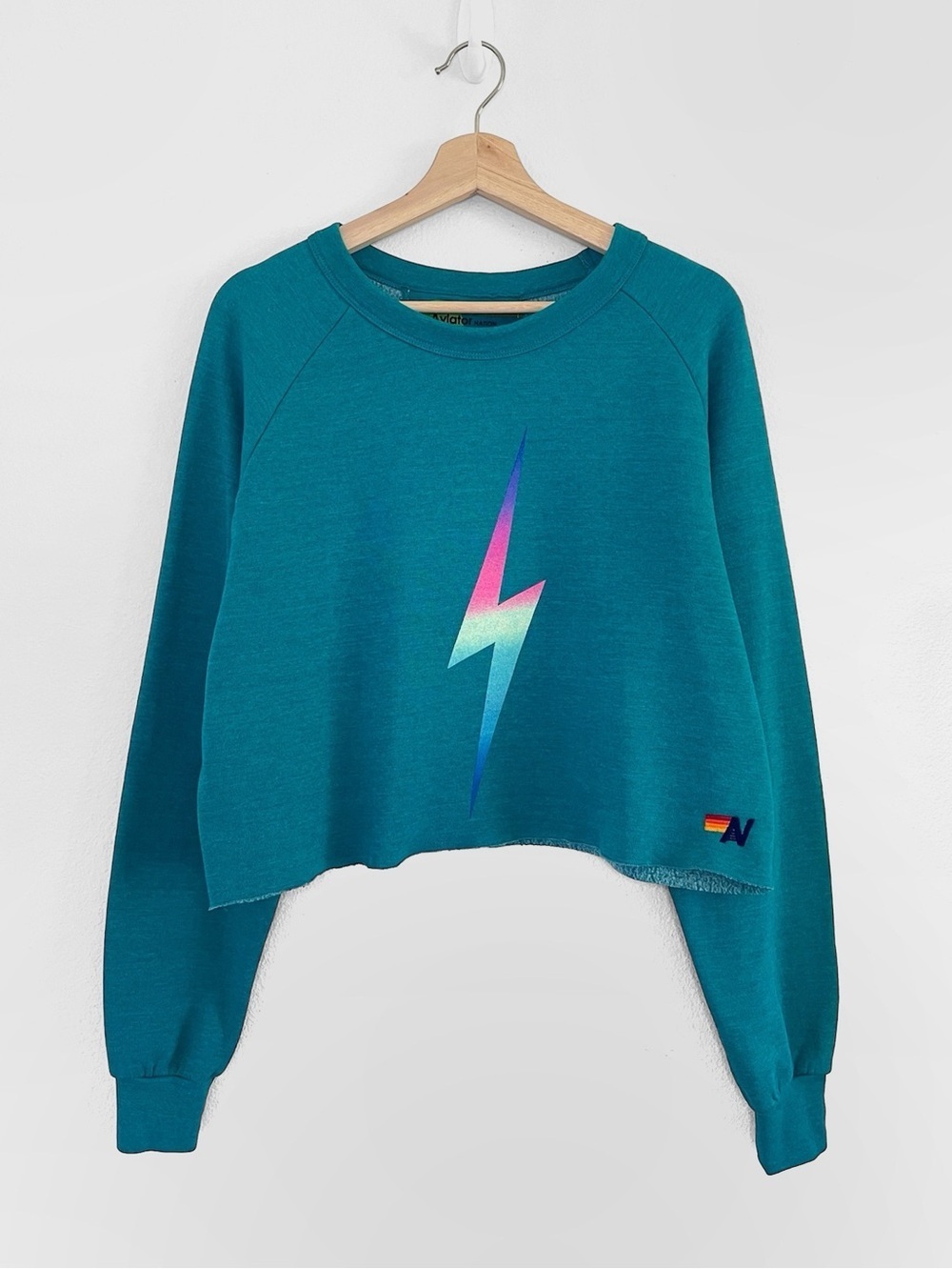 Aviator Nation Bolt Cropped Crew Sweatshirt Jade Neon Rainbow Pullover Large